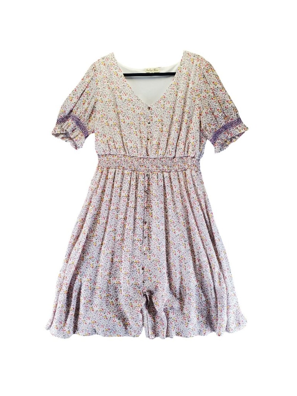 Indigo Rose Dress Women 2X Pink Floral Smocked Short Sleeve Rayon Midi